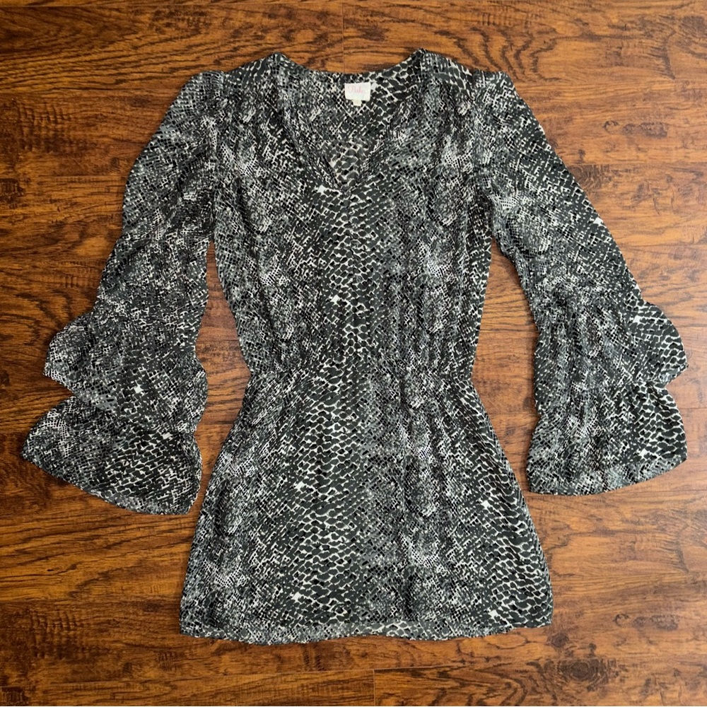Parker NY Snakeskin Double Ruffle Bell Sleeve Mini Dress Animal Print Blouse